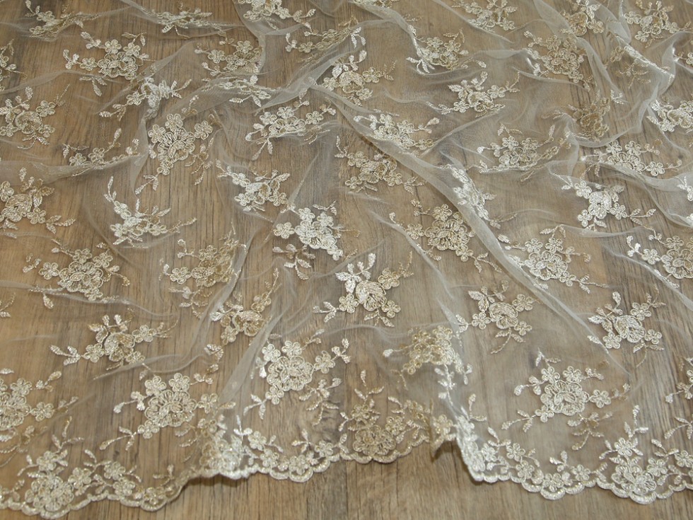 Embroidered Scalloped Edge Couture Bridal Lace Fabric (MV-HH4-Champagne ...